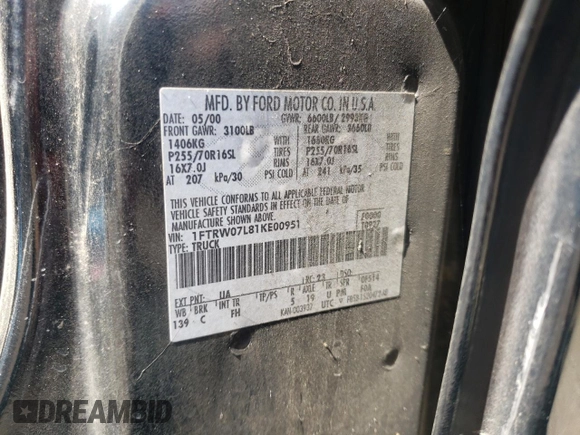 2001 Ford F-150 XLT with VIN 1FTRW07L81KE00951, listed as a Copart auction lot 57348535 with Not provided miles and Salvage title. Bid and sale history available at DreamBid. Image 12.
