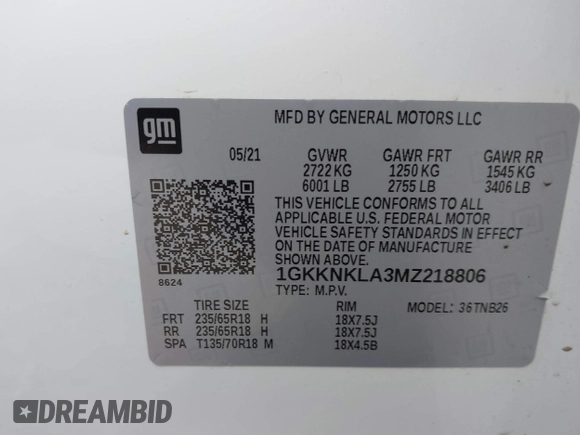 2021 GMC Acadia SLE z VIN 1GKKNKLA3MZ218806, wystawiony jako IAAI lot #41685932 z przebiegiem 82 021 mil mil oraz . Historia ofert i sprzedaży dostępna na DreamBid. Obrazek 9.