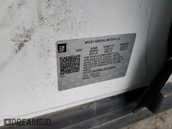 2020 Chevrolet Bolt EV Premier with VIN 1G1FZ6S08L4115838, listed as a Copart auction lot 40618153 with 50,057 mi miles. Bid and sale history available at carsss.com. Image 13.