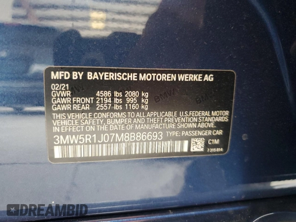 2021 BMW 3 Series 330i with VIN 3MW5R1J07M8B86693, listed as a Copart auction lot 59595985 with 43,852 mi miles and Salvage title. Bid and sale history available at DreamBid. Image 12.