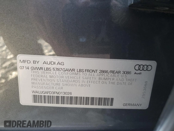 2015 Audi A8 with VIN WAUJGAFD3FN013026, listed as a Copart auction lot 67650374 with 88,064 mi miles and Salvage title. Bid and sale history available at DreamBid. Image 12.