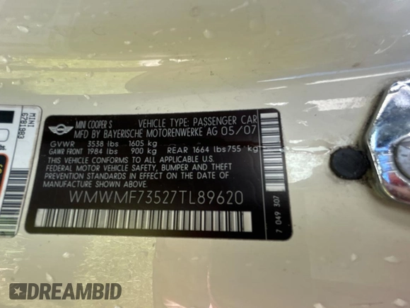 2007 MINI Hardtop S with VIN WMWMF73527TL89620, listed as a Copart auction lot 52344035 with 105,600 mi miles and Clean Title. Bid and sale history available at DreamBid. Image 10.