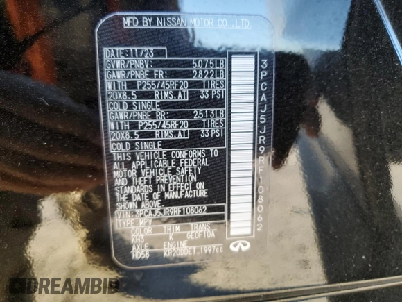 2024 Infiniti QX55 Luxe with VIN 3PCAJ5JR9RF108062, listed as a Copart auction lot 86250304 with 3,263 mi miles and Salvage Title. Bid and sale history available at DreamBid. Image 14.