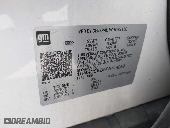 2023 Chevrolet Suburban LT with VIN 1GNSCCKD5PR414258, listed as a IAAI auction lot 42527692 with 45,969 mi miles and . Bid and sale history available at DreamBid. Image 9.