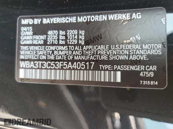 2015 BMW 4 Series 435i with VIN WBA3T3C53F5A40517, listed as a Copart auction lot 58792675 with 77,933 mi miles and Salvage title. Bid and sale history available at DreamBid. Image 12.