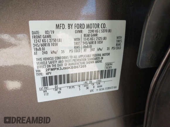 2019 Ford Edge SEL with VIN 2FMPK3J90KBB67205, listed as a IAAI auction lot 41836997 with 86,805 mi miles. Bid and sale history available at carsss.com. Image 9.