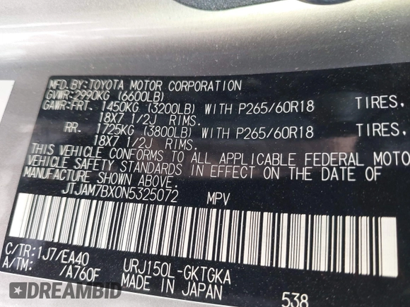 2022 Lexus GX 460 Premium with VIN JTJAM7BX0N5325072, listed as a IAAI auction lot 41504132 with 43,170 mi miles and . Bid and sale history available at DreamBid. Image 9.