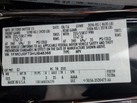2017 Ford Escape S with VIN 1FMCU0F73HUB48388, listed as a Copart auction lot 62331605 with 65,461 mi miles and Salvage title. Bid and sale history available at DreamBid. Image 14.