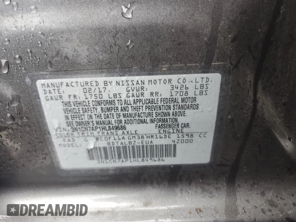 2017 Nissan Versa SV z VIN 3N1CN7AP1HL849686, wystawiony jako Copart lot #57840005 z przebiegiem Nie podano mil oraz Szkoda całkowita • Salvage title. Historia ofert i sprzedaży dostępna na DreamBid. Obrazek 12.