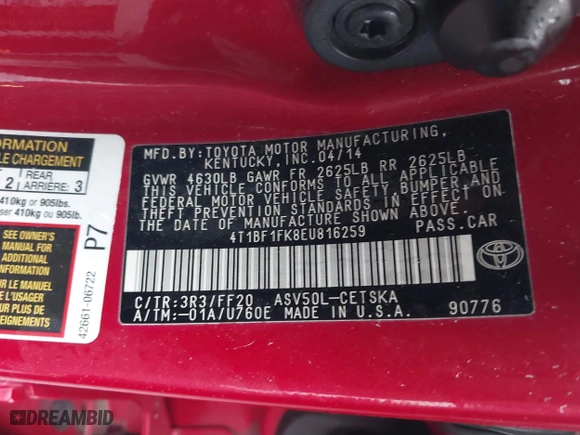 2014 Toyota Camry L with VIN 4T1BF1FK8EU816259, listed as a IAAI auction lot 41482401 with 150,152 mi miles. Bid and sale history available at carsss.com. Image 9.