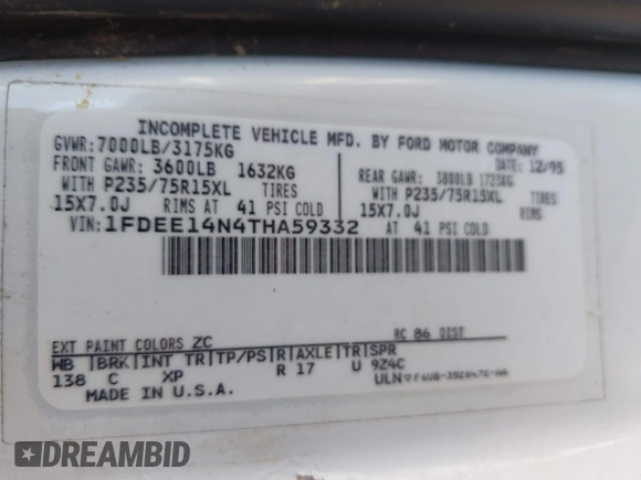 1996 Ford Econoline Cargo with VIN 1FDEE14N4THA59332, listed as a IAAI auction lot 42514910 with 107,511 mi miles and . Bid and sale history available at DreamBid. Image 9.