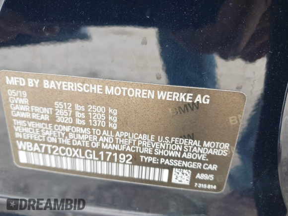 2020 BMW 7 Series 740i with VIN WBA7T2C0XLGL17192, listed as a IAAI auction lot 41499724 with 80,783 mi miles and . Bid and sale history available at DreamBid. Image 9.