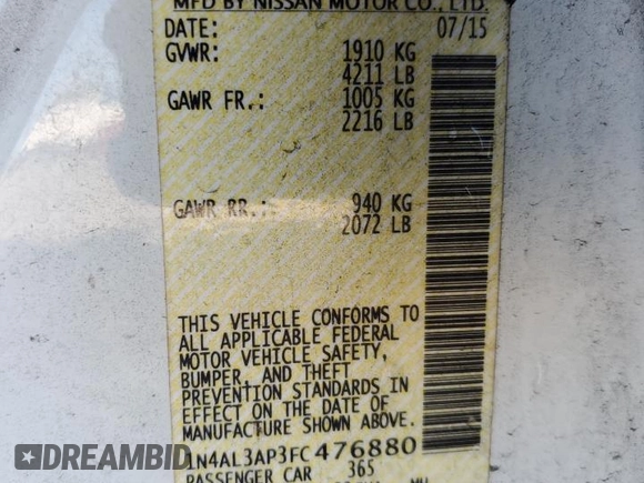 2015 Nissan Altima S with VIN 1N4AL3AP3FC476880, listed as a Copart auction lot 54147765 with 172,255 mi miles and Salvage Title. Bid and sale history available at DreamBid. Image 12.