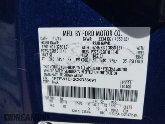 2012 Ford F-150 XL with VIN 1FTFW1EF2CKD36091, listed as a IAAI auction lot 42117472 with 134,943 mi miles and . Bid and sale history available at DreamBid. Image 9.