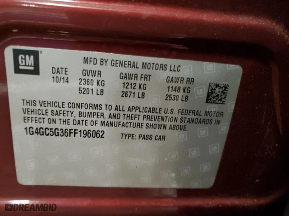 2015 Buick LaCrosse Leather with VIN 1G4GC5G36FF196062, listed as a Copart auction lot 44591775 with 95,708 mi miles and Clean Title. Bid and sale history available at carsss.com. Image 12.
