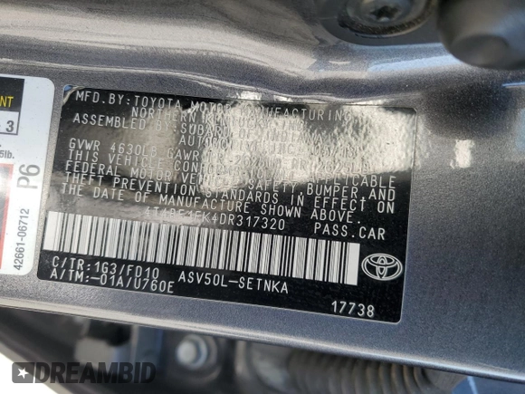 2013 Toyota Camry L with VIN 4T4BF1FK4DR317320, listed as a Copart auction lot 43660955 with 172,354 mi miles and Salvage Title. Bid and sale history available at carsss.com. Image 13.