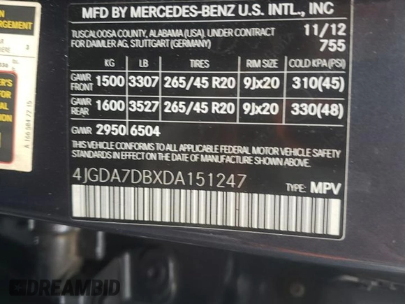 2013 Mercedes-Benz M 550 z VIN 4JGDA7DBXDA151247, wystawiony jako Copart lot #54742695 z przebiegiem 131 205 mil mil oraz Szkoda całkowita • Salvage title. Historia ofert i sprzedaży dostępna na DreamBid. Obrazek 13.