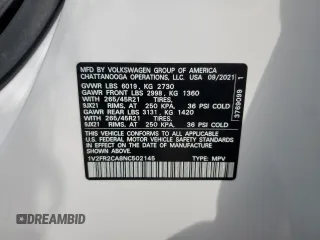 2022 Volkswagen Atlas SEL Premium R-Line with VIN 1V2FR2CA8NC502145, listed as a Copart auction lot 64388755 with Not provided miles and Salvage title. Bid and sale history available at DreamBid. Image 12.
