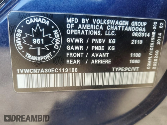 2014 Volkswagen Passat TDI SEL Premium with VIN 1VWCN7A30EC113188, listed as a Copart auction lot 49102755 with 257,649 mi miles and Salvage Title. Bid and sale history available at carsss.com. Image 12.
