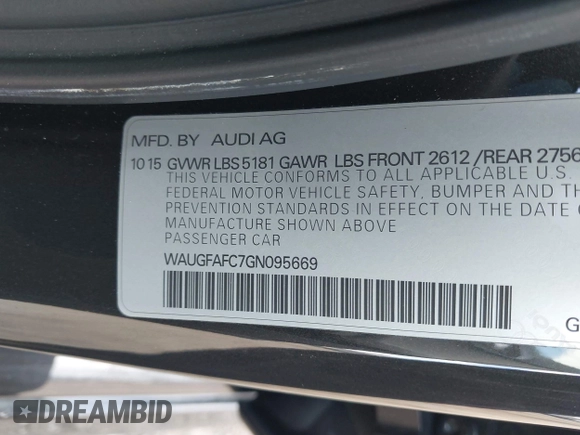2016 Audi A6 2.0T Premium Plus with VIN WAUGFAFC7GN095669, listed as a IAAI auction lot 41894313 with 84,725 mi miles. Bid and sale history available at carsss.com. Image 9.