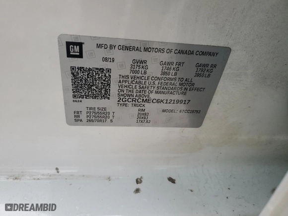 2019 Chevrolet Silverado 1500 LD Custom with VIN 2GCRCMEC6K1219917, listed as a Copart auction lot 45864455 with 156,156 mi miles and Salvage Title. Bid and sale history available at carsss.com. Image 12.