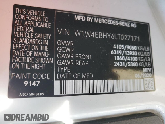2020 Mercedes-Benz Sprinter with VIN W1W4EBHY6LT027171, listed as a Copart auction lot 81940354 with Not Provided miles and Salvage Title. Bid and sale history available at DreamBid. Image 12.