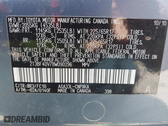 2011 Toyota RAV4 with VIN 2T3BF4DV7BW090296, listed as a IAAI auction lot 42026430 with 137,159 mi miles. Bid and sale history available at carsss.com. Image 9.