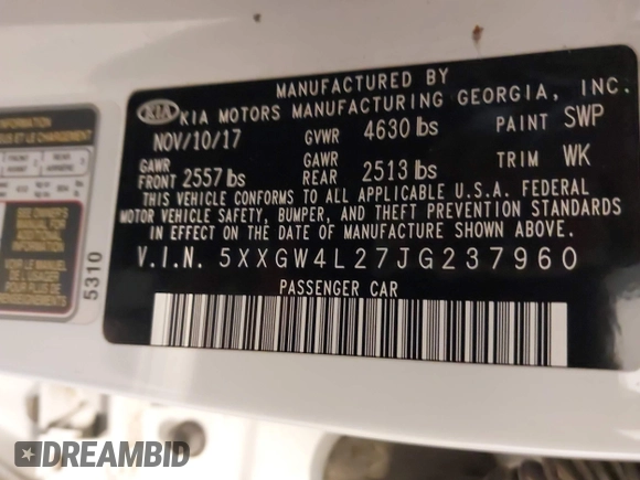 2018 Kia Optima SX with VIN 5XXGW4L27JG237960, listed as a IAAI auction lot 41956461 with 87,085 mi miles and . Bid and sale history available at DreamBid. Image 9.