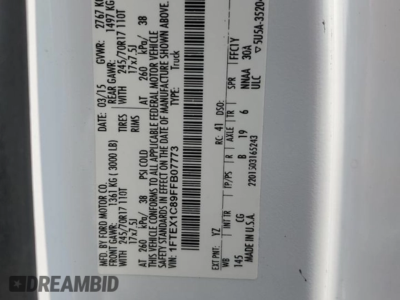 2015 Ford F-150 XL with VIN 1FTEX1C89FFB07773, listed as a Copart auction lot 59059985 with 279,558 mi miles and Salvage title. Bid and sale history available at DreamBid. Image 12.