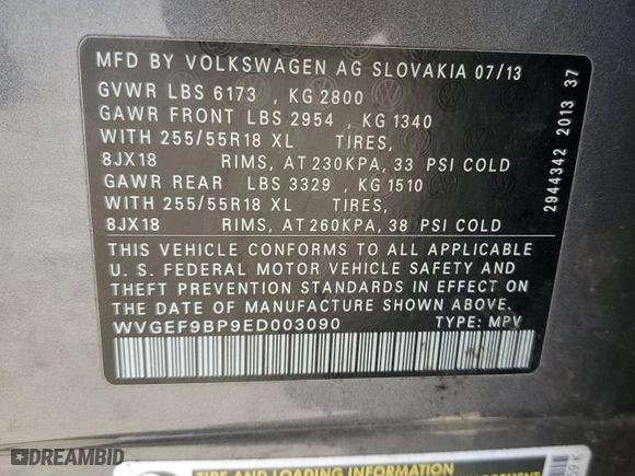 2014 Volkswagen Touareg Lux with VIN WVGEF9BP9ED003090, listed as a Copart auction lot 81594634 with NaN miles and Clean Title. Bid and sale history available at carsss.com. Image 13.