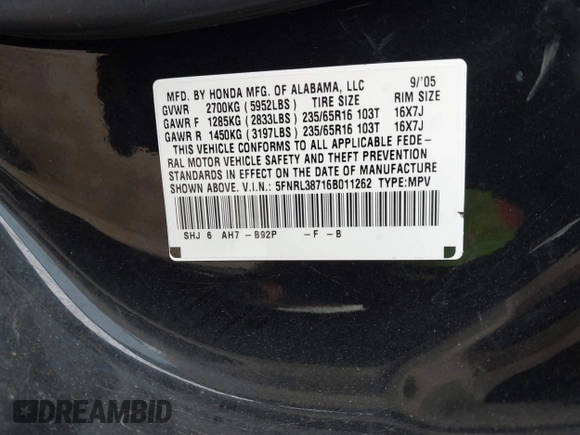 2006 Honda Odyssey EX-L with VIN 5FNRL38716B011262, listed as a IAAI auction lot 41707671 with 183,861 mi miles. Bid and sale history available at carsss.com. Image 9.