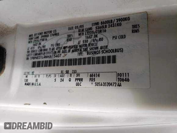 2006 Ford Econoline Passenger XL с VIN 1FBNE31L46HA15407, выставлен на аукционе Copart как лот 70873914 с пробегом 183 415 миль миль и Чистый • Clean title. История ставок и продаж доступна на DreamBid. Изображение 14.