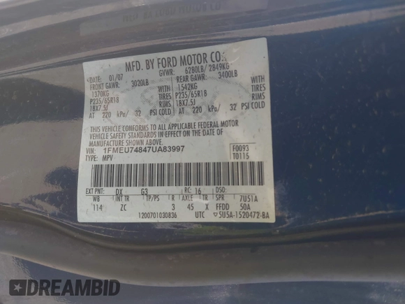 2007 Ford Explorer Eddie Bauer z VIN 1FMEU74847UA83997, wystawiony jako IAAI lot #41856069 z przebiegiem 180 555 mil mil oraz . Historia ofert i sprzedaży dostępna na DreamBid. Obrazek 9.