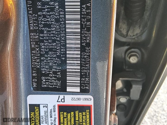 2012 Toyota Camry L with VIN 4T1BF1FK9CU045887, listed as a Copart auction lot 49507495 with 139,459 mi miles and Clean Title. Bid and sale history available at carsss.com. Image 12.