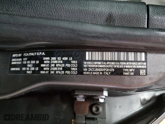 2017 Jeep Renegade Sport with VIN ZACCJBABXHPG61076, listed as a Copart auction lot 48559045 with Not Provided miles and Clean Title. Bid and sale history available at carsss.com. Image 15.