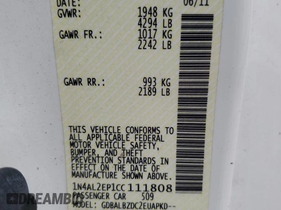 2012 Nissan Altima 2.5 S with VIN 1N4AL2EP1CC111808, listed as a Copart auction lot 51459845 with 128,375 mi miles and Salvage Title. Bid and sale history available at carsss.com. Image 14.