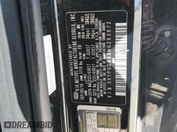 2017 Kia Sorento LX with VIN 5XYPGDA3XHG263872, listed as a Copart auction lot 60910725 with 93,778 mi miles and Clean title. Bid and sale history available at DreamBid. Image 14.