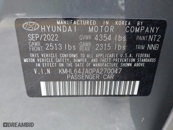 2023 Hyundai Sonata SEL with VIN KMHL64JA0PA270047, listed as a IAAI auction lot 42022365 with 57,904 mi miles. Bid and sale history available at carsss.com. Image 9.