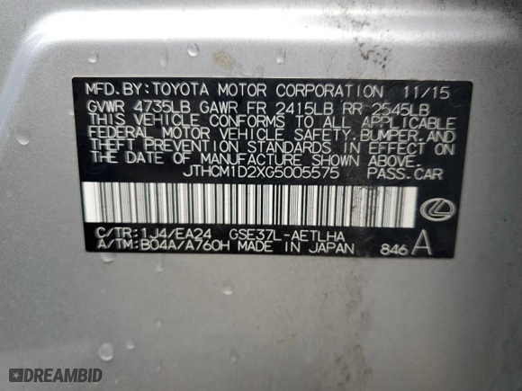 2016 Lexus IS 300 with VIN JTHCM1D2XG5005575, listed as a Copart auction lot 68472124 with 89,602 mi miles and Salvage Title. Bid and sale history available at carsss.com. Image 13.