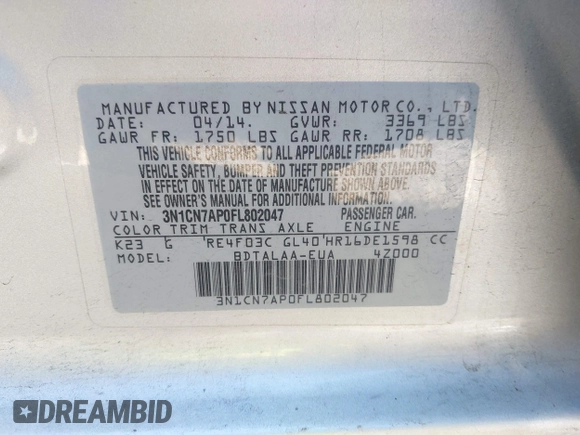 2015 Nissan Versa SV with VIN 3N1CN7AP0FL802047, listed as a IAAI auction lot 42049987 with 157,747 mi miles. Bid and sale history available at carsss.com. Image 9.