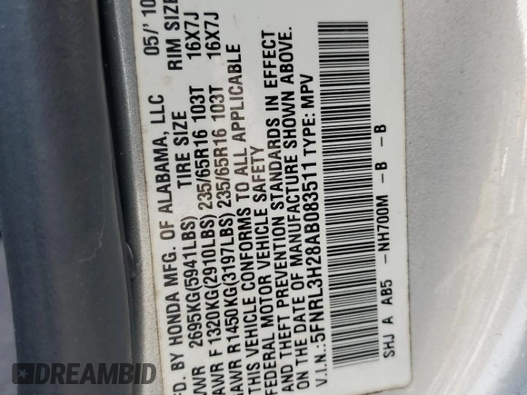 2010 Honda Odyssey LX with VIN 5FNRL3H28AB083511, listed as a Copart auction lot 55704745 with 81,218 mi miles and Salvage title. Bid and sale history available at DreamBid. Image 13.