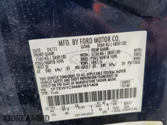 2011 Ford F-150 XL with VIN 1FTEW1CM4BFB31408, listed as a Copart auction lot 55644505 with 181,809 mi miles and Salvage title. Bid and sale history available at DreamBid. Image 12.