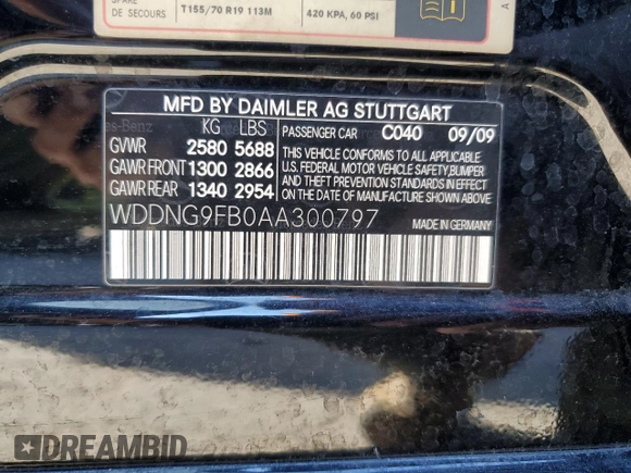 2010 Mercedes-Benz S 400 with VIN WDDNG9FB0AA300797, listed as a Copart auction lot 85998004 with Not Provided miles and Clean Title. Bid and sale history available at DreamBid. Image 12.