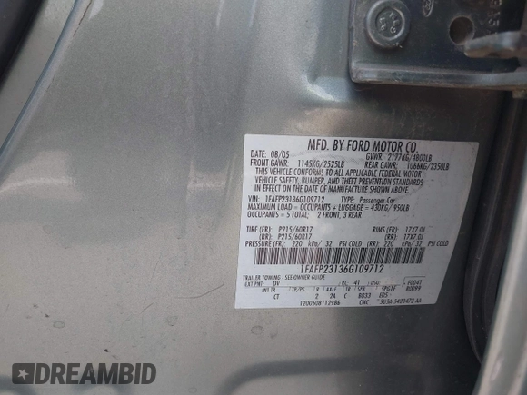 2006 Ford Five Hundred SE с VIN 1FAFP23136G109712, выставлен на аукционе IAAI как лот 42389919 с пробегом 207 006 миль миль и . История ставок и продаж доступна на DreamBid. Изображение 9.