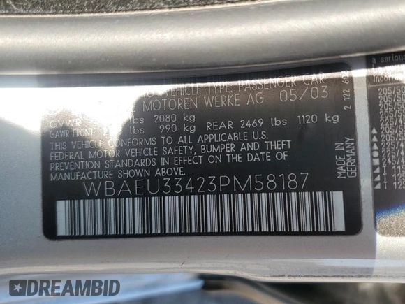 2003 BMW 3 Series 325xi with VIN WBAEU33423PM58187, listed as a Copart auction lot 75482204 with 78,178 mi miles and Clean Title. Bid and sale history available at carsss.com. Image 12.