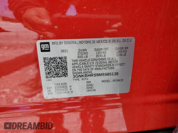 2021 Chevrolet Blazer LT with VIN 3GNKBHRS9MS585138, listed as a Copart auction lot 55327335 with 66,020 mi miles and Salvage title. Bid and sale history available at DreamBid. Image 14.