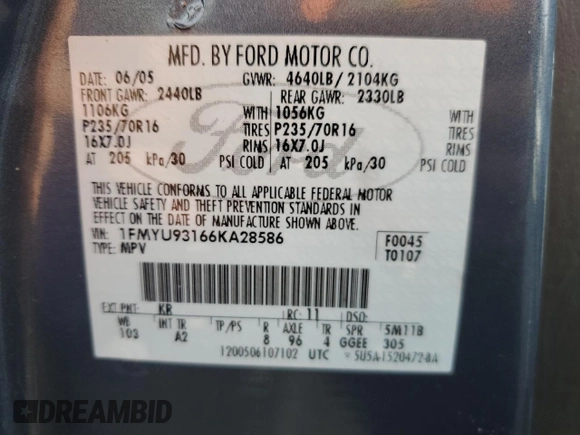 2006 Ford Escape XLT with VIN 1FMYU93166KA28586, listed as a Copart auction lot 43687055 with 185,066 mi miles and Salvage Title. Bid and sale history available at carsss.com. Image 12.