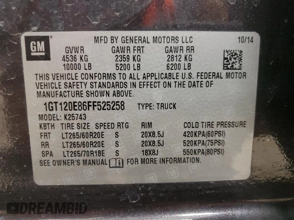 2015 GMC Sierra 2500HD Denali with VIN 1GT120E86FF525258, listed as a Copart auction lot 84499944 with 207,033 mi miles and Clean title. Bid and sale history available at DreamBid. Image 15.