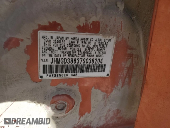 2007 Honda Fit Sport with VIN JHMGD38637S038204, listed as a Copart auction lot 84936024 with 199,066 mi miles and Salvage title. Bid and sale history available at DreamBid. Image 14.