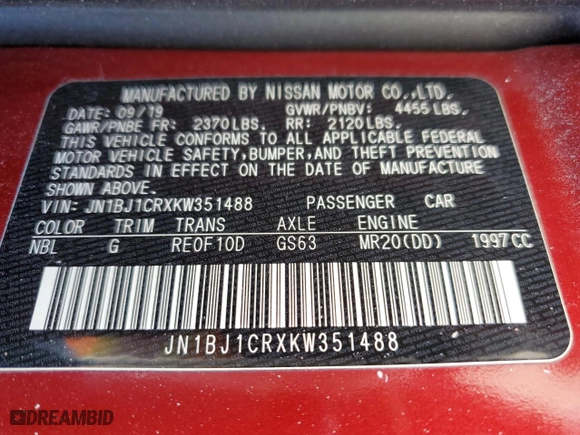 2019 Nissan Rogue Sport S with VIN JN1BJ1CRXKW351488, listed as a Copart auction lot 48573385 with 62,058 mi miles and Non Repairable. Bid and sale history available at carsss.com. Image 13.